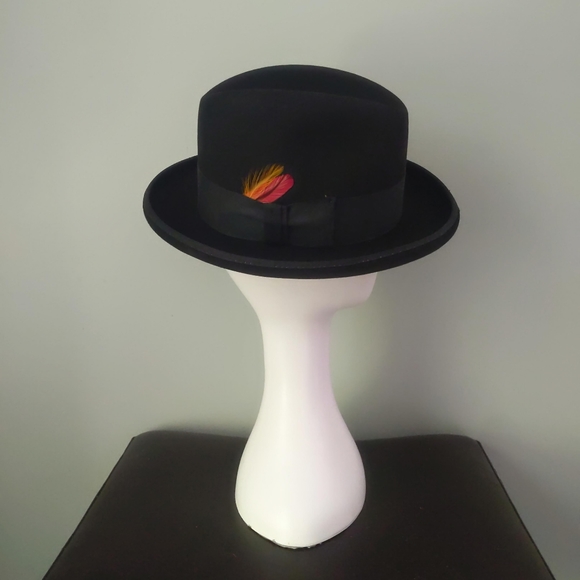 Rare! Vintage Barlesoni Black Fur Felt Feather Fedora Hat 7 56 with Box - Picture 4 of 9